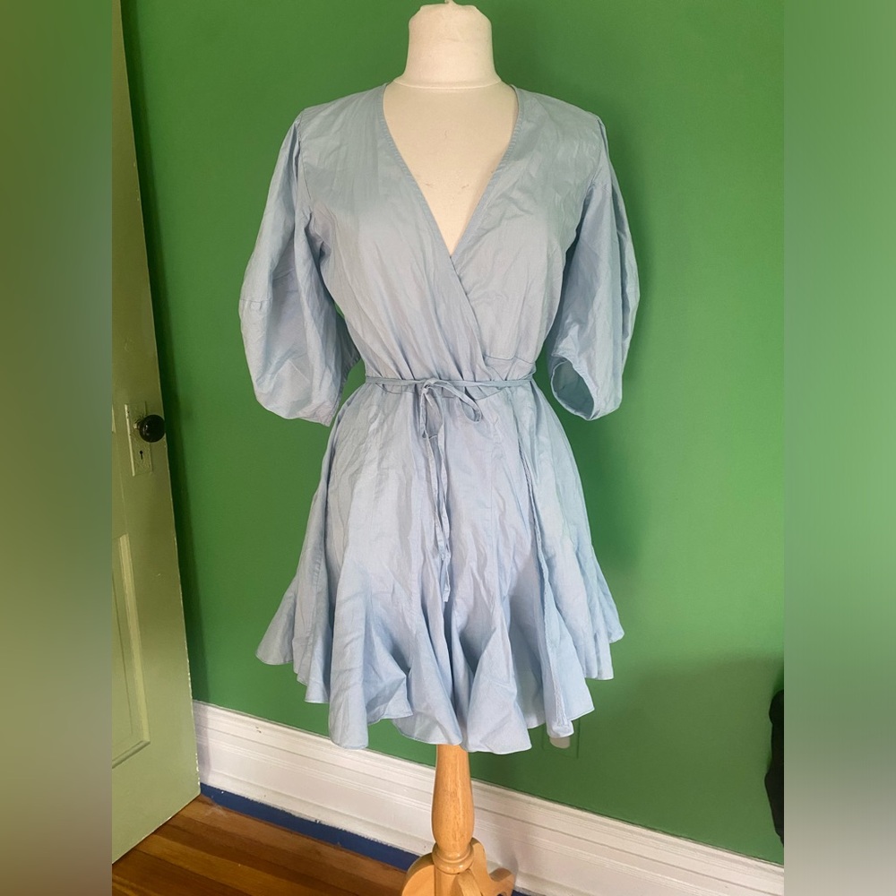 Rhode Light Blue Wrap Mini Dress cotton short sleeve Claudine